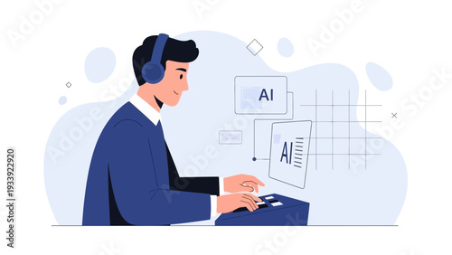 Man working with AI concept, typing on keyboard, wearing headphones, futuristic technology