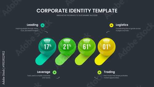 Colorful Growth Four Option Diagram Slideshow Design. Elegant Introduction Frame Template Vector Illustration. Professional Solution 4 Element Chart Slide Layout.
