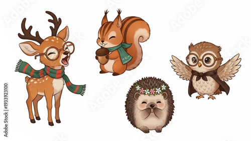 Cute forest animals wearing glasses, cartoon illustration