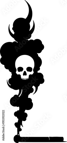 A black smoke silhouette of a skull with horns rising from a cigarette on a flat surface viewed from the side