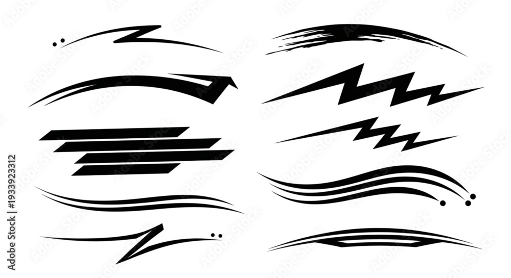 Fototapeta premium Speed Lines, Racing Stripes, Lightning Bolts Vector Graphics Set for Automotive, Sports, and Modern Web Design