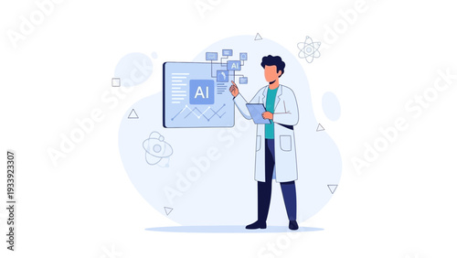 Scientist presenting AI technology with data visualization on screen