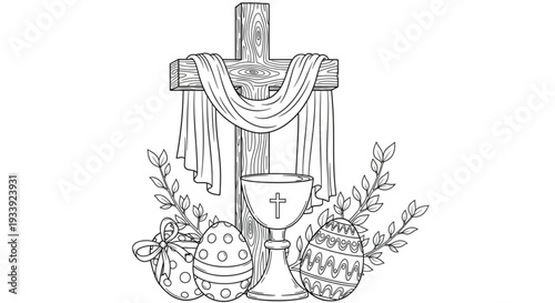 Easter Christian Symbols Line Art with Cross Chalice and Eggs for Religious Holiday Celebration and Kids Coloring Page