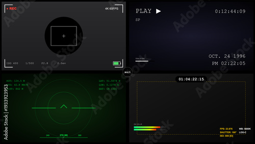 Collection of digital screen overlays including camera viewfinder VHS playback radar and professional video recording monitor interfaces