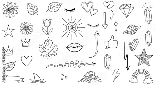 Hand Drawn Doodle Elements Set. Cute Sketch Icons for Graphic Design, Web, Social Media, Crafts, and DIY Projects.