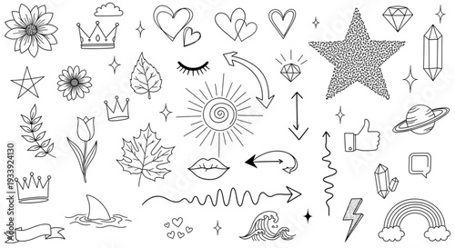 Playful Hand Drawn Doodle Elements Set. Creative Sketch Icons for Web Design, Social Media, Stickers, and Decorative Projects.