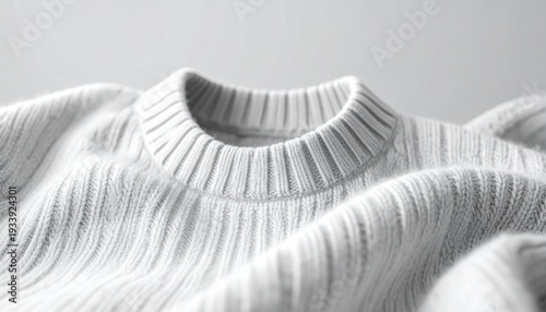 Cozy White Sweater: A close-up, minimalist shot focuses on the textured detail of a soft, white knitted sweater, highlighting its comforting warmth and elegant simplicity.