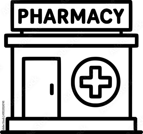 Pharmacy Building with Medical Cross Line Icon – Drugstore and Healthcare Facility Vector Illustration