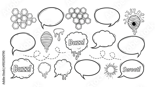 Buzzing with Creativity: A collection of various comic style speech bubbles with honeycomb and sun accents, perfect for graphic design.