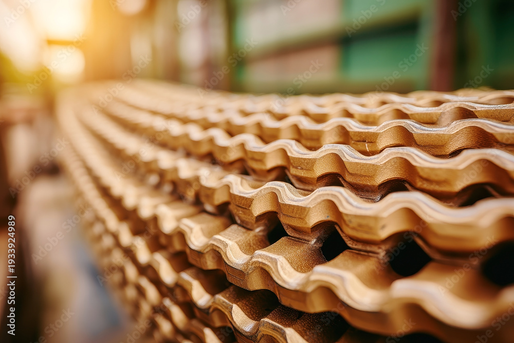 Obraz premium A close-up captures the rhythmic waves of brown roof tiles, showcasing their texture and form in a pattern extending into the distance with warm light illuminating the scene