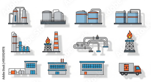 Industrial Factory Buildings and Equipment Icons.
