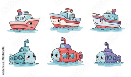 Cute Cartoon Boats and Submarines Sea Vehicle Vector Illustration