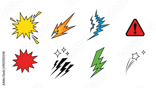 Comic book effect: A vibrant collection of comic book effects, showcasing bold visual elements such as explosions, lightning strikes, and warning signs.