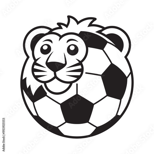 Cartoon lion s head playfully integrated with a black and white soccer ball design