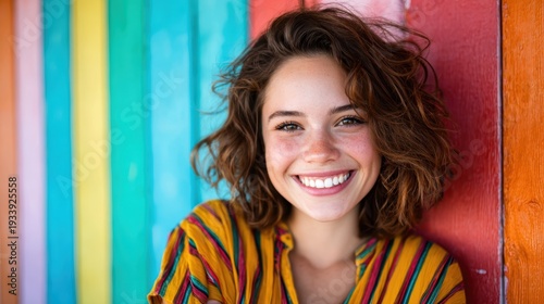 A cheerful young woman with curly hair smiles brightly in front of a vibrant, striped wooden background, radiating joy and positive energy in her expression.