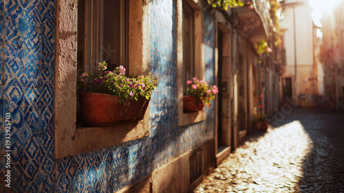 European street scene featuring a building facade adorned with classic blue patterned azulejo tiles, window flower pots, and sunlit cobblestones