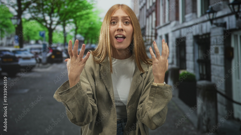 Fototapeta premium Woman redhead with hands raised and mouth open reaching toward camera on a city street wearing beige jacket and white top; alarm.