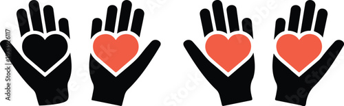 Heart in hand icons set, healthcare, donation, and giving aid concept, vector illustration for charity, medical care, and emotional support