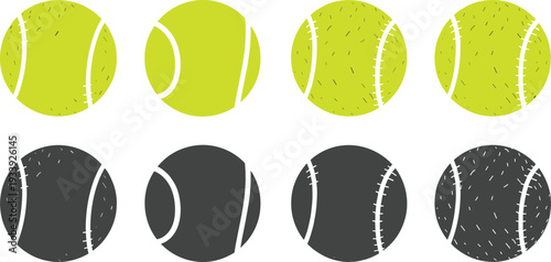 Tennis ball icon set in flat and textured styles isolated on white background for sports design, tournament branding, athletic logos, and recreation concepts