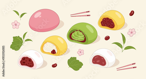 Assorted Mochi Desserts with Tea Leaves and Cherry Blossoms