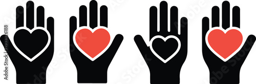 Vector icons of hands holding hearts, healthcare, donation, and giving aid theme, clean line art for charity, support, and emotional well-being
