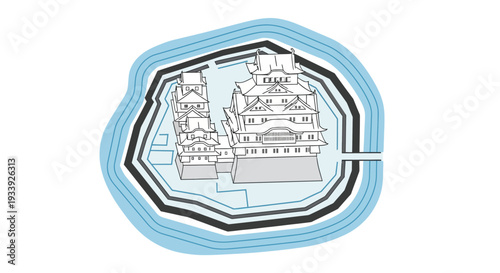 Japanese Castle Fortress with Water Moat Illustration