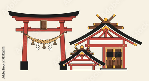 Japanese Torii Gate and Shrine Building Illustration