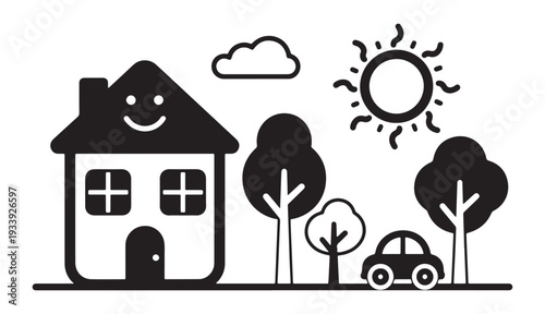 Simple black and white vector illustration of a happy smiling house with trees car and sun