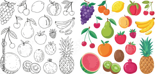 "Vector Fruit and Berry Icons Collection in Smooth Line Art Style for Healthy Lifestyle Themes"