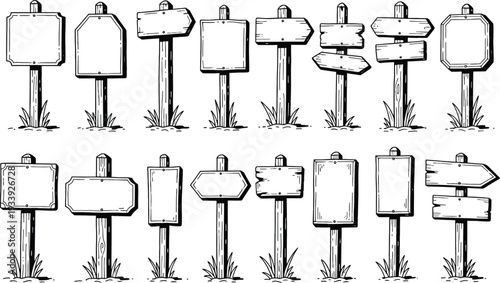 Wooden signs in a row with hand-drawn sketch style in black and white for design elements