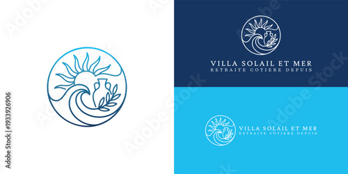 A minimalist circular emblem blending a vintage sun, sea waves, and an amphora in clean, fluid lines. It embodies the timeless elegance and tranquil essence of a classic French coastal villa.