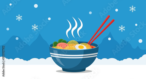 Hot Ramen Bowl Winter Snow Landscape