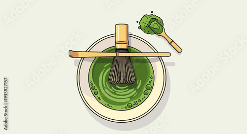 Matcha preparation: whisking green tea powder in a bowl