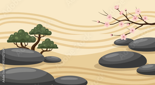 Zen Garden with Cherry Blossoms and Bonsai Trees