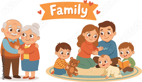 Happy Cartoon Family with Children and Grandparents.