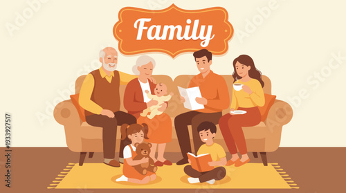 Family Members Sitting Together on Sofa.