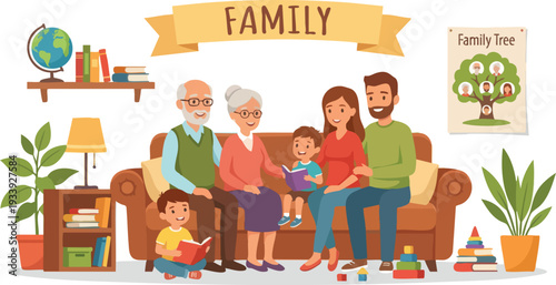 Family Cartoon Illustration Sitting on Sofa Together.