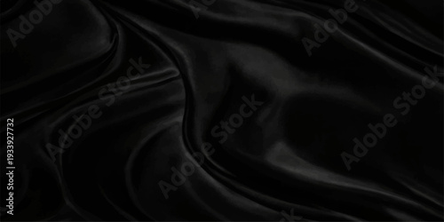 Elegant black satin fabric background with a smooth silk textile texture and shiny waves of luxury drapery for a soft fashion backdrop design