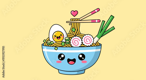Cute Kawaii Ramen Bowl with Happy Egg and Noodles