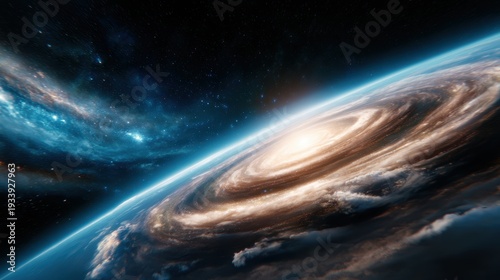 An awe-inspiring cosmic view of a spiral galaxy shimmering in the universe, representing the beauty and vastness of outer space with brilliant star formations.