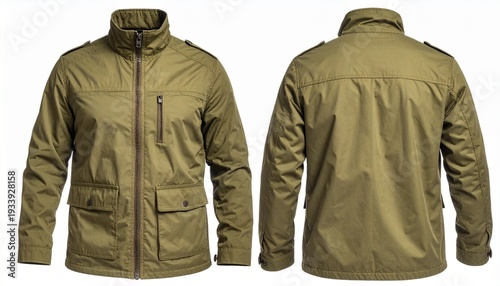 Khaki Field Jacket: A detailed front and back view of a stylish khaki field jacket with multiple pockets, zipper closure, and a high collar, showcasing its utilitarian design and durable construction.