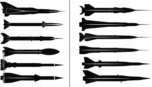 Military missile and rocket silhouettes vector set featuring modern air to air and surface weapons black flat illustration