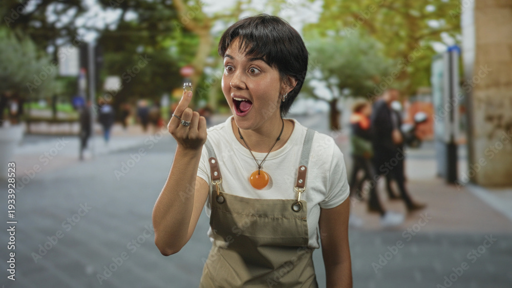 Fototapeta premium Young jeweler woman holding a ring between thumb and forefinger, open mouth expression and excited finger gesture on street; delight discovery.