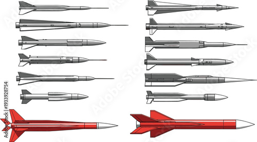 Modern military missile and rocket vector set with detailed side view weapons including tactical and strategic aerospace armaments