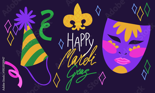 Happy Mardi Gras horizontal banner with carnival mask, festive hat and fleur de lis. Flat illustration for fat tuesday party posters, masquerade greeting cards or festival event invitations