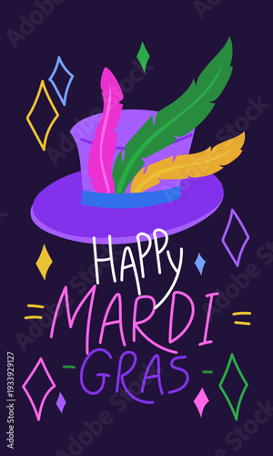 Happy Mardi Gras vertical banner with festive cylinder hat and colorful feathers. Flat illustration for fat tuesday social media stories, masquerade posters or carnival event invitations