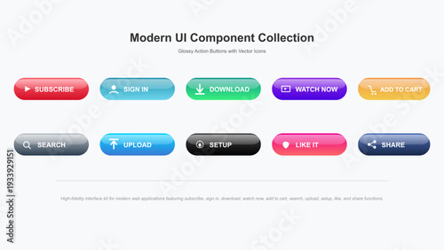 Collection of glossy colorful user interface buttons for web and mobile applications with various action icons and text labels