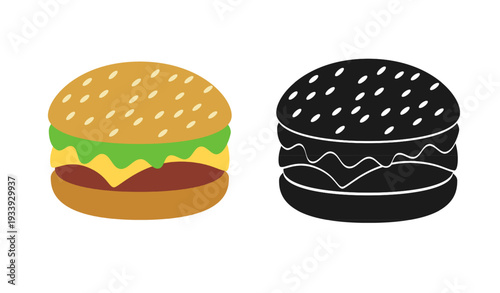 Set of burger icons isolated on white background. Flat color and black silhouette vector illustration of a classic cheeseburger with sesame seeds.