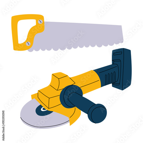 Electric angle grinder and hand saw on white background. Flat contour illustration for repair service posters, construction maintenance banners, tool shop icons or DIY work manuals