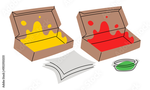 Open cardboard boxes with ketchup and mustard splashes, sauce in container, napkins isolated on white background. Flat illustration for food delivery banners, fast food packaging design, picnic poster